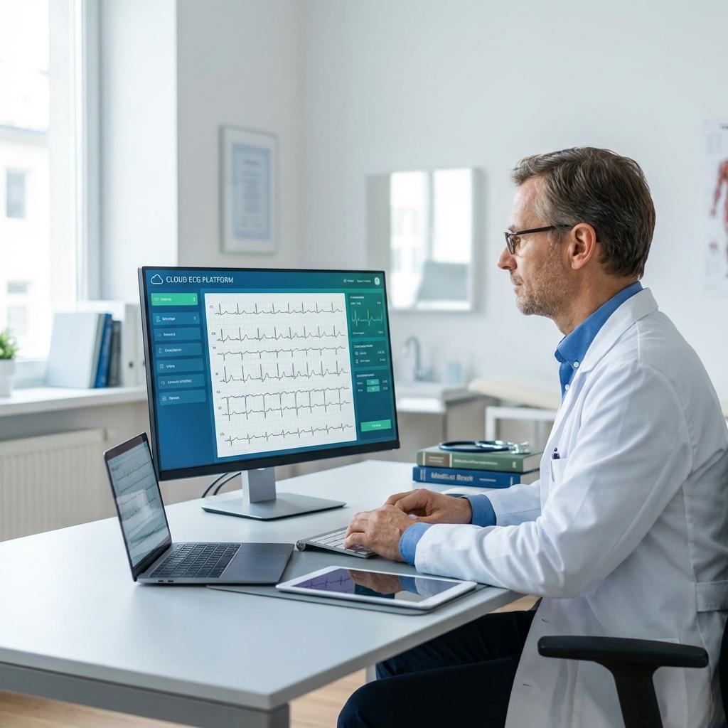 Kardiolog analyserar EKG-data på distans med hjälp av Cloud PACS-system